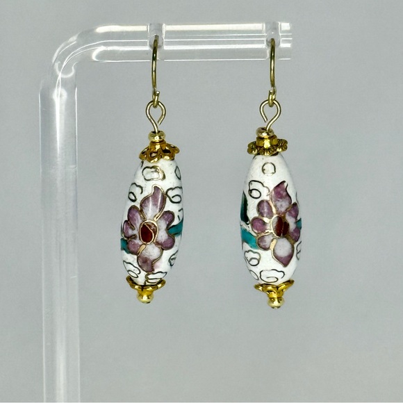 Artisan white Cloisonné Bead Earrings - Picture 1 of 3